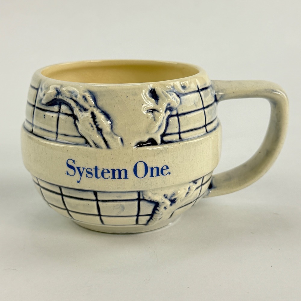 Vintage System One Globe Mug B.K. Inc USA Blue Cream 3D Relief World Map Ceramic